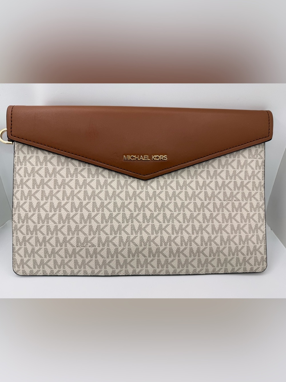Michael Kors Signature Logo Large Envelope Clutch Bag Vanilla Brown Gold Hardwar
